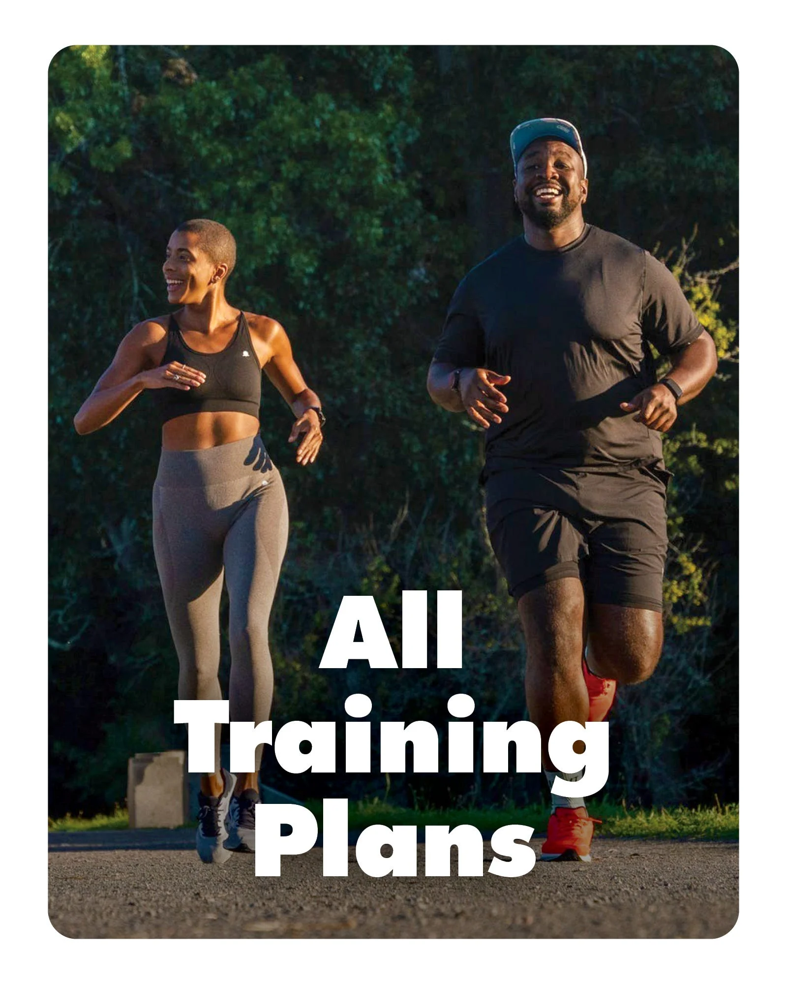 a promotional image for various training plans featuring two runners in motion