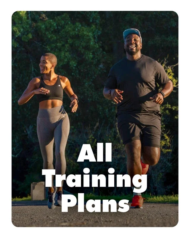 a promotional image for various training plans featuring two runners in motion