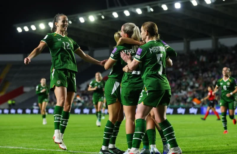 Ireland celebrate after Jessie Stapleton broke the deadlock in Cork.