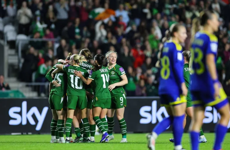 Ireland celebrate after Lucy Quinn's goal.