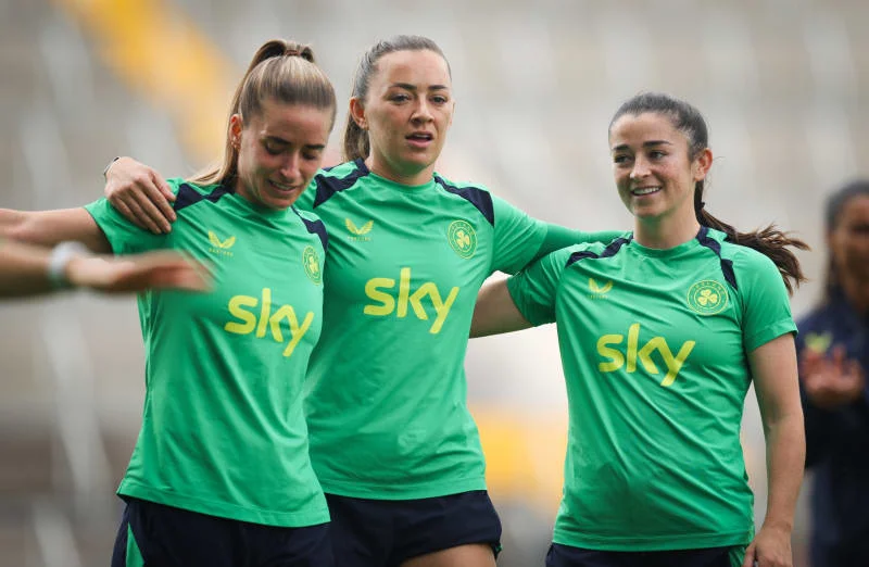 Chloe Mustaki, Katie McCabe and Marissa Sheva pictured at training on Monday.