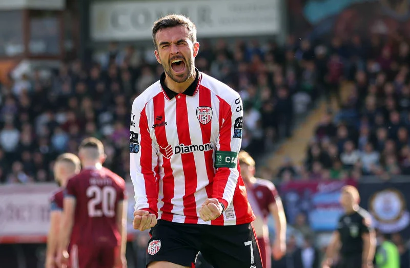 Michael Duffy celebrates scoring the opener at Eamonn Deacy Park.