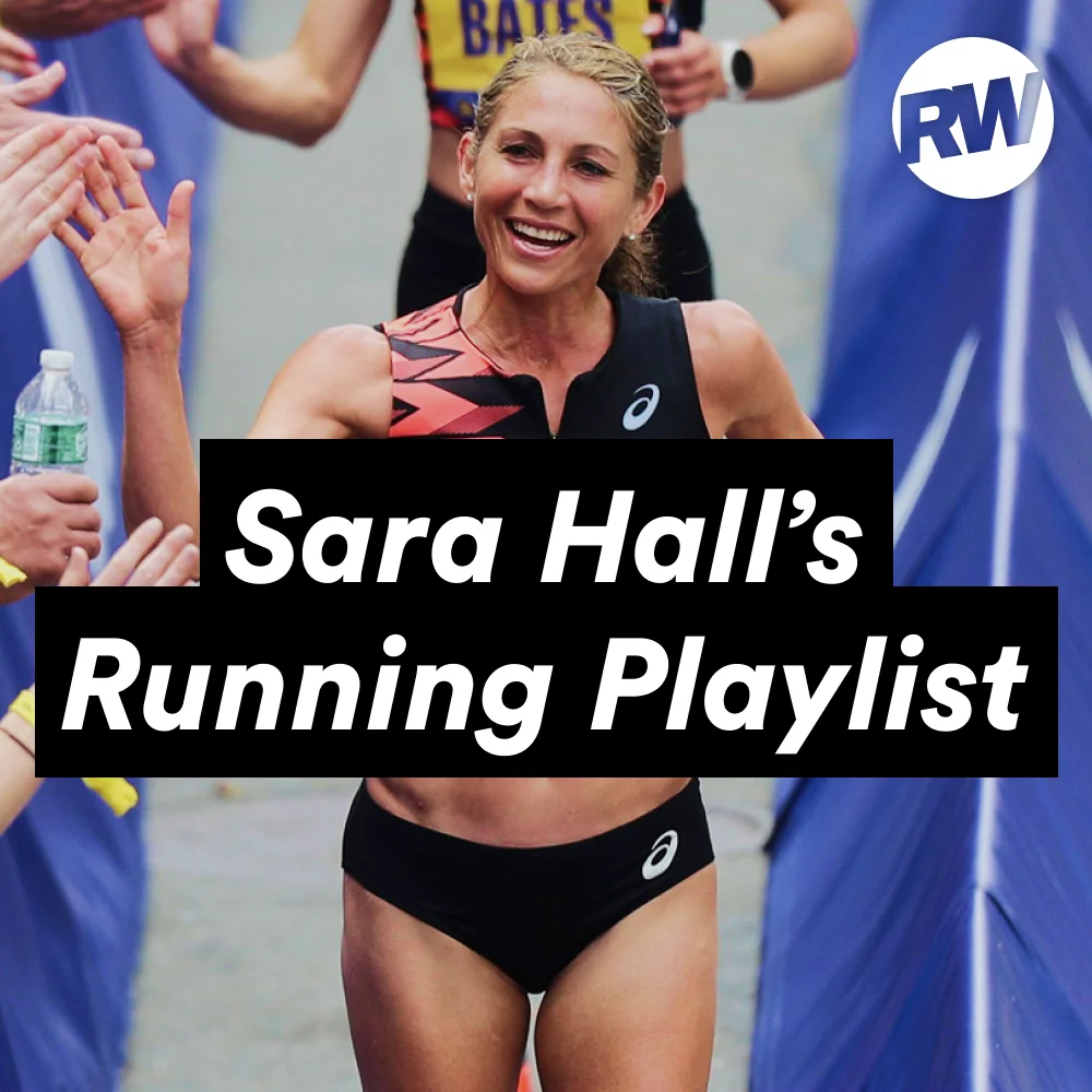Sara Hall celebrating with fans, promoting her running playlist.
