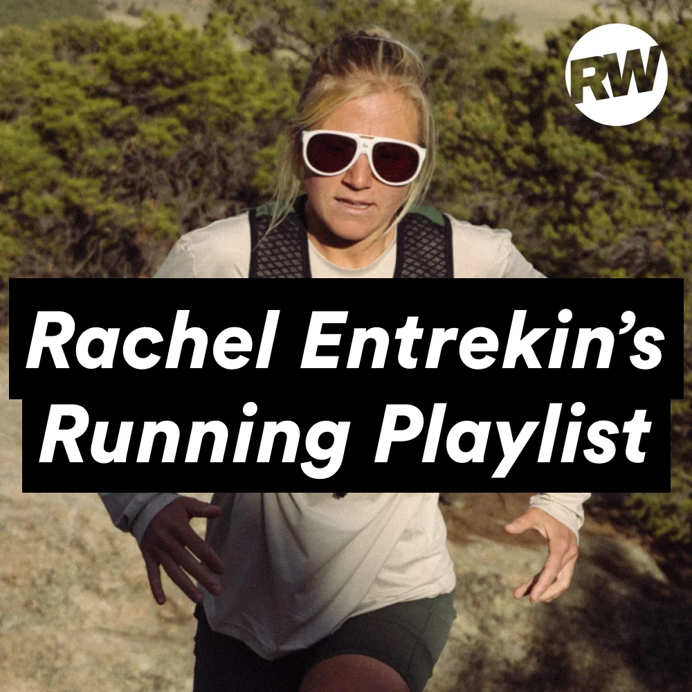 Rachel Entrekins running playlist featuring an athlete in sunglasses on a nature trail.