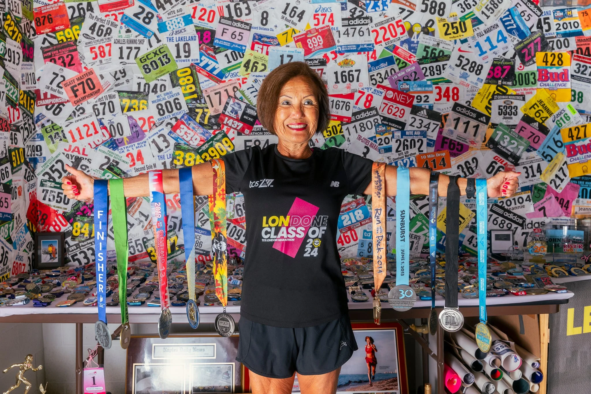 painsville, oh july 12 2025 jeannie rice in her commemoration room that includes her bibs, metals, newspaper articles, magazine stories and photos. the suprising thing is she no longer has all of her metals she's ever gotten from racing.